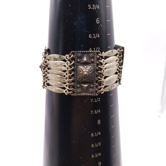 Pyramid Links Panel Bracelet, Vintage Silver Statement Bangle, Stamped Mexico - Picture 6 of 6